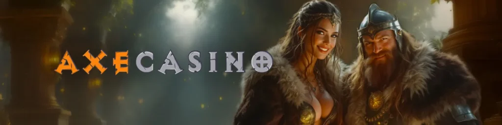 Axe casino banner showing a man and woman in viking outfits