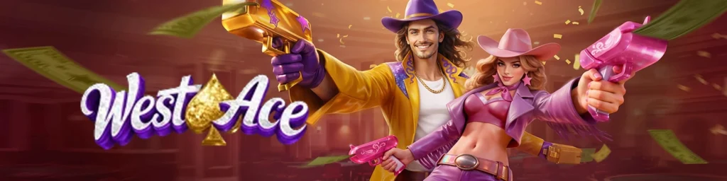 WestAce casino banner showing a man and woman dessed in cowboy outfits pointing guns